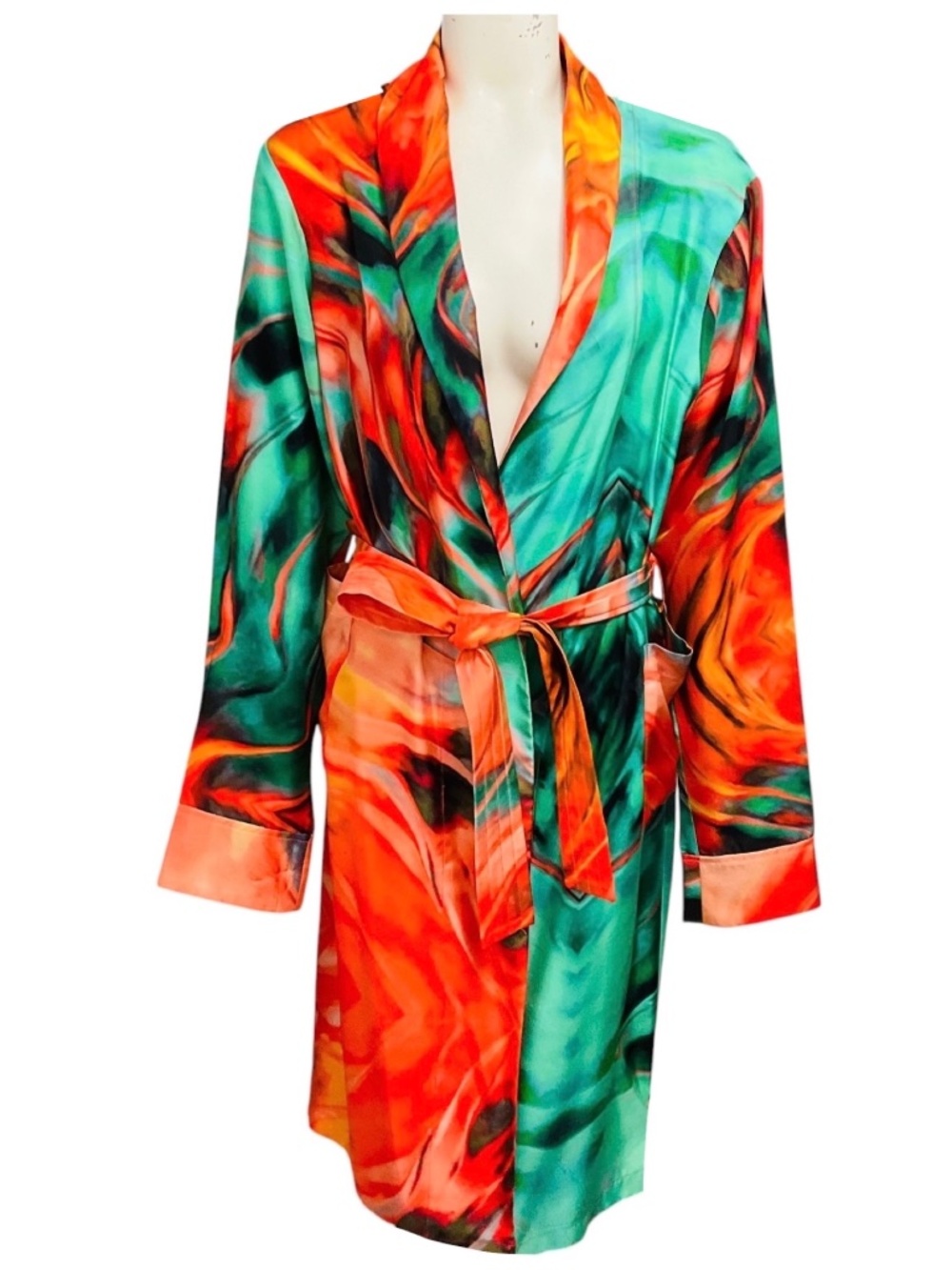 ALIETTE GREEN / ORANGE MULTI PRINTED SILK ROBE WITH BELT